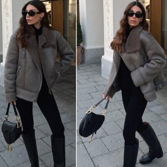 COPY - ZARA NEW WOMEN FAUX LEATHER SHEARLING DOUBLE-FACED BIKER JACKET GRAY 354… - Picture 8 of 15